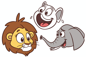Cute cartoon lion bear and elephant heads smiling on white background animal illustration for children's educational material