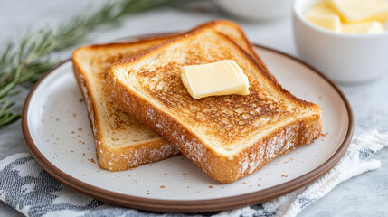 Crispy toast topped with pat of melted butter on plate, evoking warmth and comfort