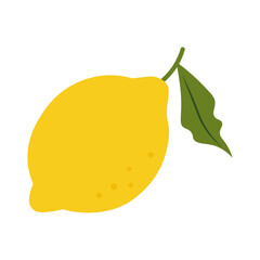 Hand drawn lemon with leaf. Juicy summer citrus. Organic fruit for lemonade, juice or vitamin C healthy food. Cartoon flat vector illustration isolated on transparent background. Clipart lemon