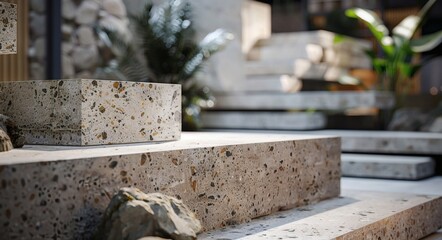 The stone exhibition stand, set against a soft and warm background