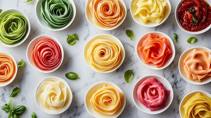 A creative composition of rainbow pasta displayed in spirals, paired with vibrant sauces on a marble table.