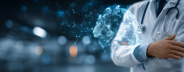 Global Healthcare Innovation Concept Featuring a Doctor with Folded Arms, Digital Medical Technology Interface, and Futuristic World Map Highlighting Medical Advancements and AI Integration in Modern 