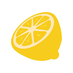 Hand drawn lemon with leaf. Juicy summer citrus. Organic fruit for lemonade, juice or vitamin C healthy food. Cartoon flat vector illustration isolated on transparent background. Clipart lemon