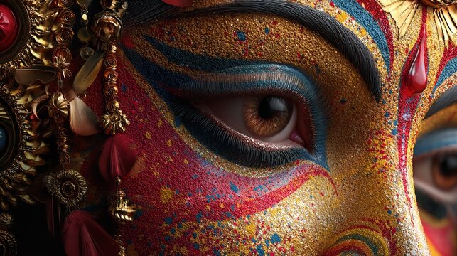 Close up eye detail of durga goddess hinduism hindu festival navaratri dussehra diwali artistic face paint