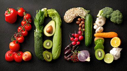 Creative numbers 2026 made of assorted fresh vegetables and fruits on a black background, symbolizing healthy lifestyle, Christmas and New Year celebration, organic food, and wellness trends.