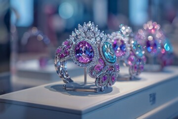 On the display stand, the jewelry sparkles with dazzling brilliance under the lights