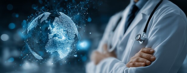 Global Healthcare Innovation Concept Featuring a Doctor with Folded Arms, Digital Medical Technology Interface, and Futuristic World Map Highlighting Medical Advancements and AI Integration in Modern 
