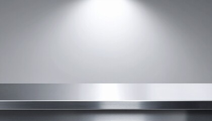 Silver steel countertop, empty shelf. Kitchen counter on gray background with spot light. 