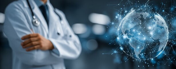 Global Healthcare Innovation Concept Featuring a Doctor with Folded Arms, Digital Medical Technology Interface, and Futuristic World Map Highlighting Medical Advancements and AI Integration in Modern 