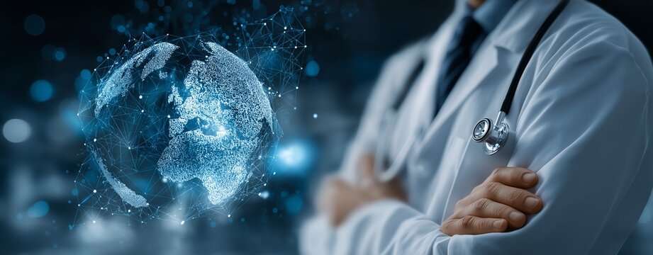Global Healthcare Innovation Concept Featuring a Doctor with Folded Arms, Digital Medical Technology Interface, and Futuristic World Map Highlighting Medical Advancements and AI Integration in Modern - Powered by Adobe