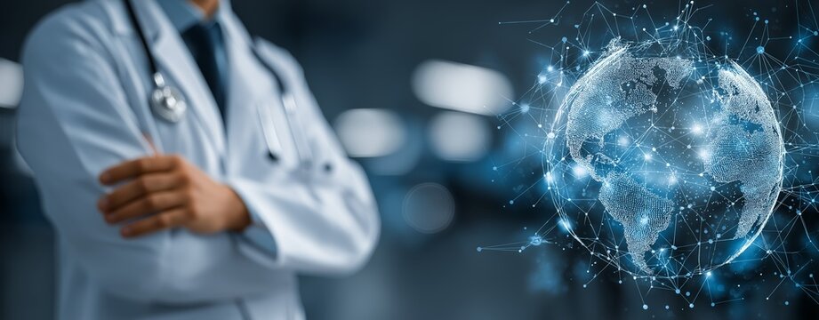 Global Healthcare Innovation Concept Featuring a Doctor with Folded Arms, Digital Medical Technology Interface, and Futuristic World Map Highlighting Medical Advancements and AI Integration in Modern