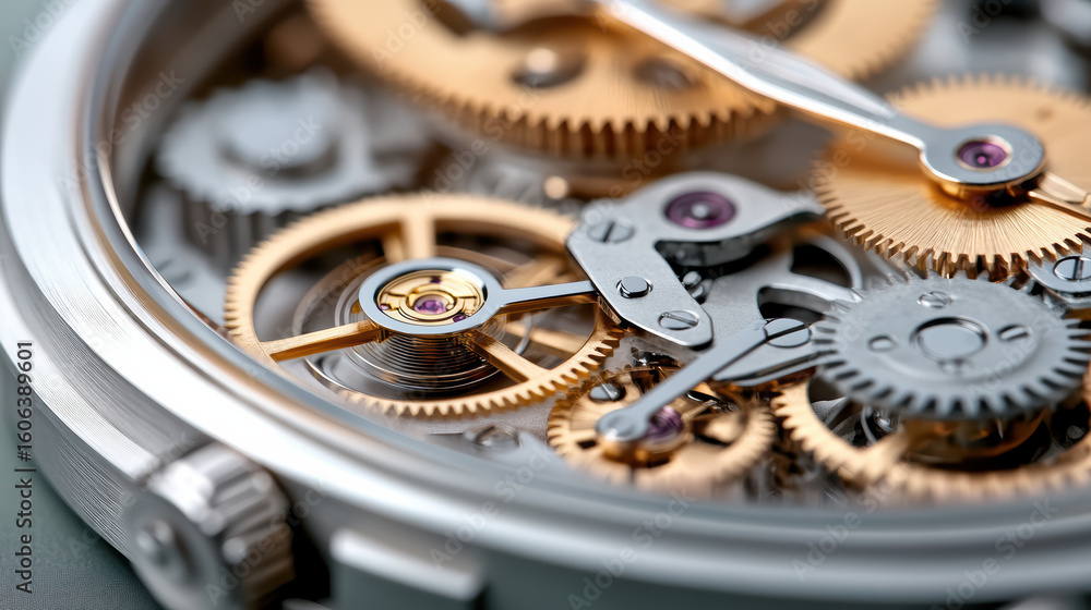 Poster close up of intricate gears and mechanisms inside transparent watch, showcasing precision
