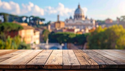 The empty wooden table top with blur background of Rome. 