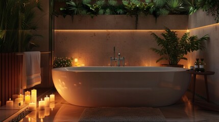 The soft lighting in the bathroom, accompanied by scented candles placed beside the bathtub