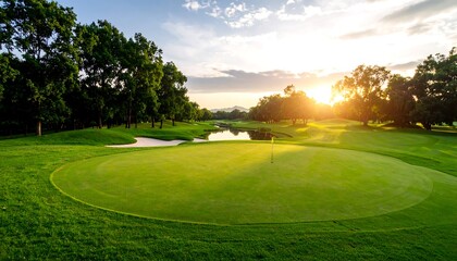 Naklejka premium Lush green golf course at golden sunset