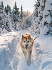 A dog runs through the snow, pulling a sled forward