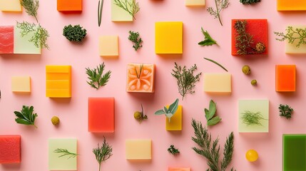 A creative layout of multicolored pasta in geometric shapes, paired with fresh herbs and sauces.