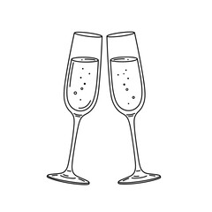 Pair of champagne glasses outline vector thin linear style black and white illustration with elegant stroke weight centered on white background 