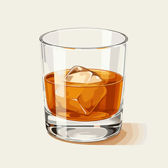 Whiskey glass with single ice rock, clean flat vector illustration in warm amber tones with subtle shadows