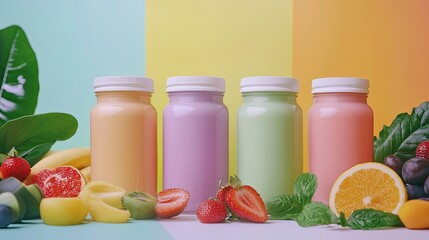A creative layout of smoothie jars in a gradient of colors, surrounded by fresh fruit and leafy greens.