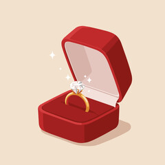 Open red velvet ring box with sparkling diamond ring inside, elegant romantic flat vector illustration