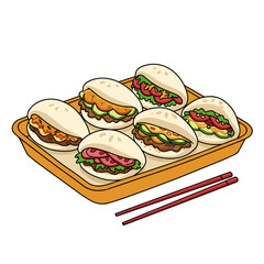 Hand-drawn vector of bao buns on street food tray with chopsticks, bright and playful flat illustration