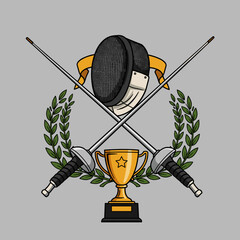 Fencing mask and blade with laurel wreath and trophy elements, flat vector illustration symbolizing victory and competition