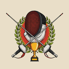 Vector illustration of fencing mask, blade, laurel wreath, and trophy, representing competition and triumph in sport