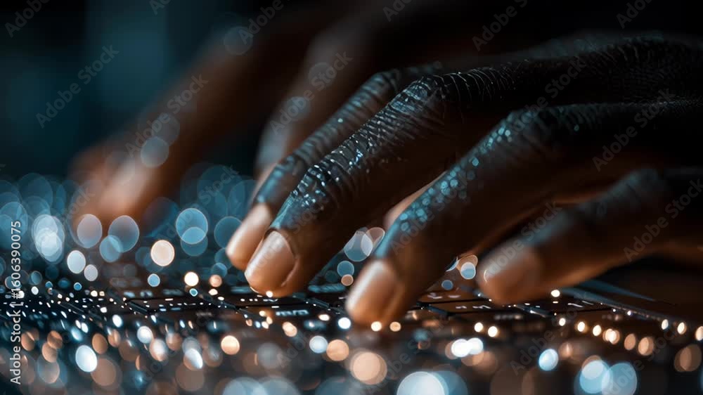 Aufkleber close up of hands typing on keyboard with glowing lights, showcasing futuristic technology and intri