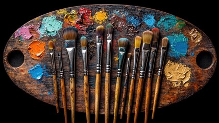 Aged wooden artist's palette with paint and brushes