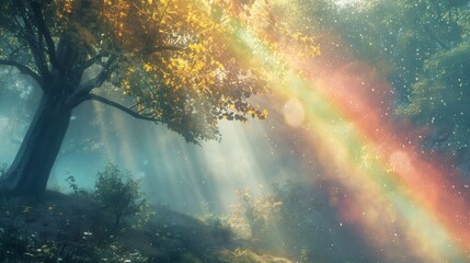 After the rain, a brilliant rainbow spans across the valley