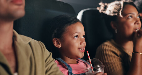 Movie, happy and child with drink in theatre for entertainment, experience and watching cartoon....