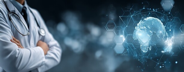Global Healthcare Innovation Concept Featuring a Doctor with Folded Arms, Digital Medical Technology Interface, and Futuristic World Map Highlighting Medical Advancements and AI Integration in Modern 