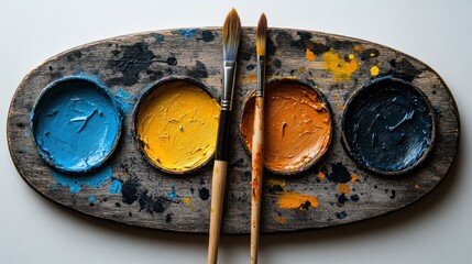 Aged wooden paint palette with vibrant colors and brushes