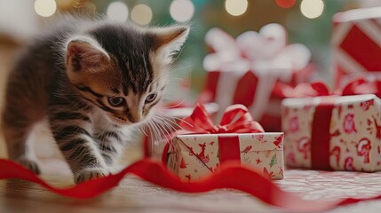 A curious kitten playing with a red ribbon near a pile 
