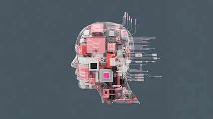 Abstract digital human head composed of electronic components and data streams