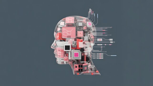 Abstract digital human head composed of electronic components and data streams