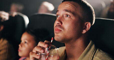 Movie theater, audience and man with drink, reaction or entertainment on break, dark and...