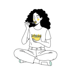 Obraz premium Woman sitting cross-legged enjoying fruit salad with fork minimalist black and white vector illustration with pastel yellow and mint green accents on white background