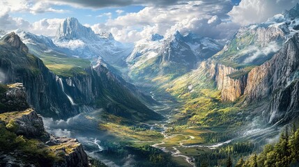 A deep canyon with jagged cliffs and a winding path leading through the rugged terrain. The deep canyon is flanked by jagged cliffs, with a winding path cutting through the rugged terrain
