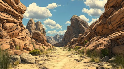 A deep canyon with jagged cliffs and a winding path leading through the rugged terrain. The deep canyon is flanked by jagged cliffs, with a winding path cutting through the rugged terrain