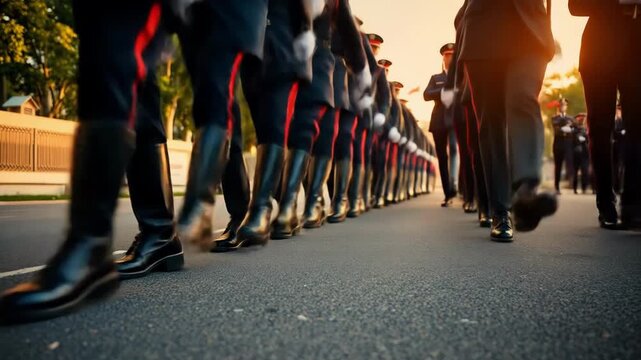 Uniformed figures walk in formation A line of marching people advances forward Sunlight illuminates the scene emphasizing order and precision within the group