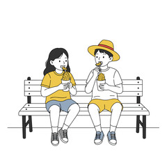 Two kids happily sharing elotes with lime wedges on a street bench, minimalist black and white line illustration with pastel yellow and chili red accents on white background