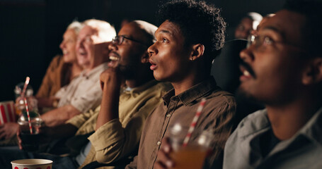 Audience, watching movie and people in cinema, entertainment and expression with surprise. Crowd,...