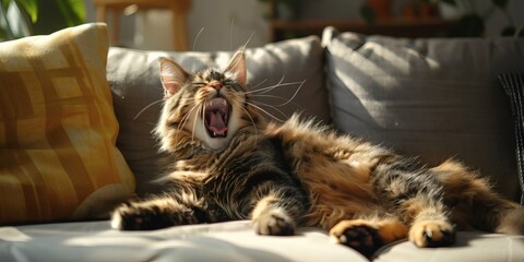 On the living room sofa, a cat yawns