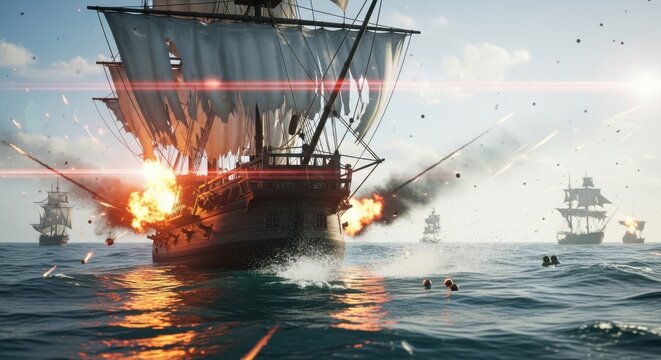 Epic pixel art depiction of an intense pirate ship battle with cannons firing and explosions on the high seas.