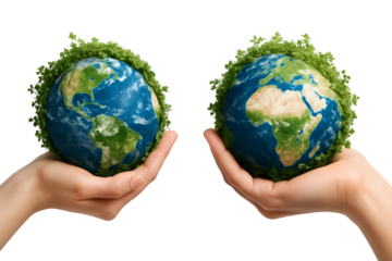 Two hands gently cradling Earth globes surrounded by lush green foliage symbolizing environmental protection and care for our planet