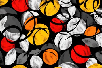 Abstract pattern of overlapping circles in red, orange, yellow, gray, and white, set against a black background, with stylized, swirling, leaf-like forms interwoven