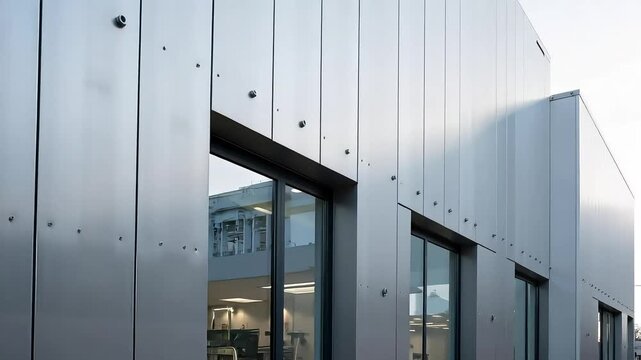 Modern aluminum building facade with dynamic lighting and shadow play for architectural design
