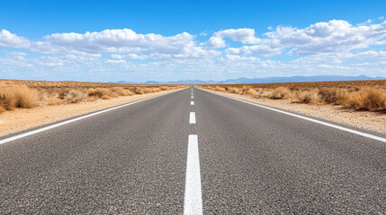 Endless road stretches under bright blue sky, surrounded by desert landscape and fluffy clouds